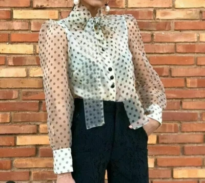 Zara Organza Blouse Cream Ivory Black Polka Dot Puff Sleeves Pussy Bow Tie XS - Image 1 of 4