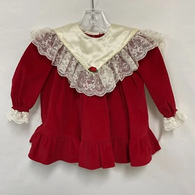 Винтажный просто очаровательный 18 M девочка красный бархат кружевное платье Рождественский праздник 70-х - Изображение 1 из 4