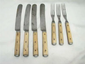  Antique Steer/Bovine Bone Handled Flatware 3-Tine Forks Knives Riverside - Picture 1 of 8