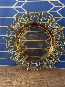 Vintage Northwood Amber Glass Fleur De Lis Trinket Dish Ashtray Candy Dish 7” - Picture 1 of 4