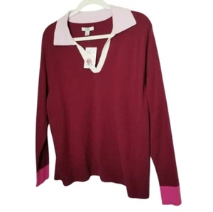 Croft & Barrow NWT Burgundy Long Sleeve Polo Sweater Pink White Accents L Petite - Picture 1 of 7
