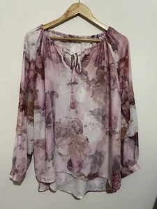 Katies Size 12 Women’s Top Blouse Pink Floral Long Sleeve V-Neck Tie Casual - Picture 1 of 11