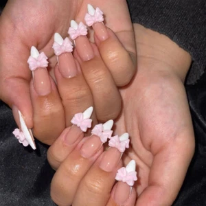 24pcs Almond Press-on Nail Nude Artificial Nail White Nail Tips with Bowknot US - Picture 1 of 12