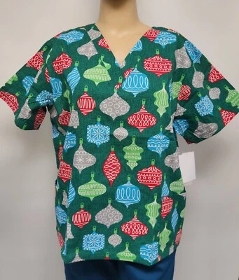 Womens Scrub Top Butter-Soft by UA Cotton Blend Christmas Ornaments Holiday - Image 1 of 4