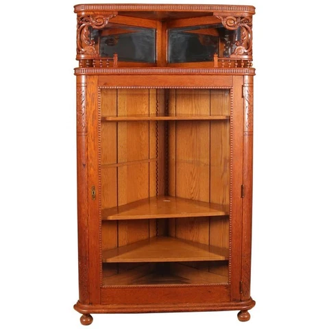 Antique R. J. Horner School Deeply Carved Stick & Ball Oak Corner China Cabinet Cover