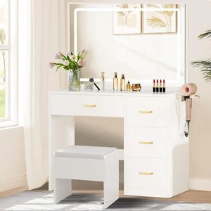 Vanity Desk w/LED Mirror,4 Drawers, Charging Ports,Stool - Makeup Dressing Table - Picture 1 of 7