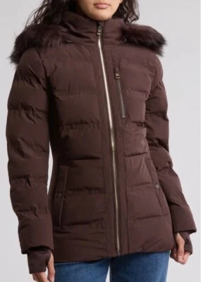 Michael Kors Faux Fur Trim Water Resistant Hooded Puffer Jacket Brown New Size S - Image 1 of 4