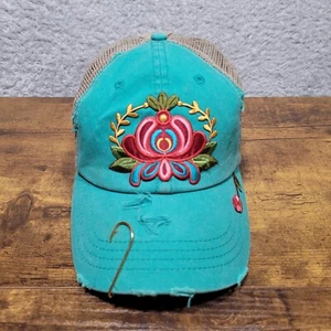 Floral Teal Ponytail Hat Distressed Baseball Trucker Kbethos Caps - Picture 1 of 10