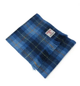 Harris Tweed Blue Tartan Scarf - Handmade Pure Wool, Unisex, Fringed - Picture 1 of 7