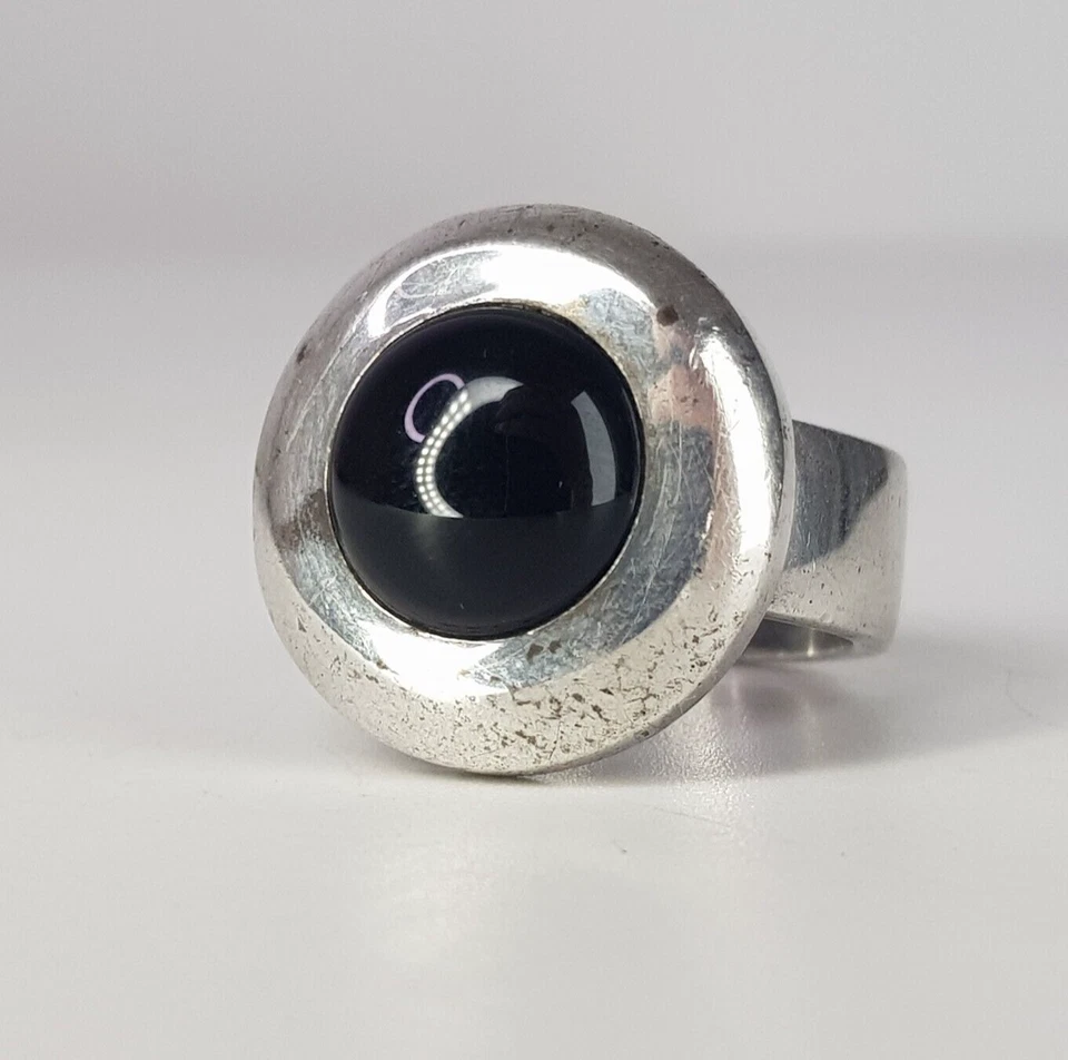 Anillo solitario grueso de ónix de mediados de siglo vintage de los años 60 de plata de ley 925 talla P Foto 1 de 4