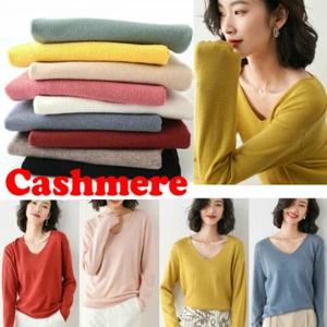 Damen Strick Freizeit Kaschmir Pullover Oberteil V-Ausschnitt Pulli Langarm Bluse Pulli - Bild 1 von 22