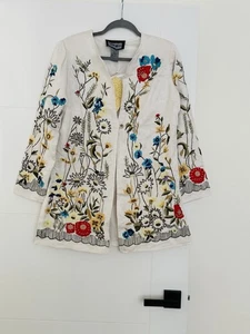 Indigo Moon Jacke S weiß bestickt Blumen Boho Artsy Brokat vorne offen - Bild 1 von 10