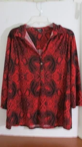 ALFANI~ Red & Black Paisley 3/4 SLEEVE PULL OVER TOP SHIRT ~ Women's Plus 1x - Picture 1 of 3