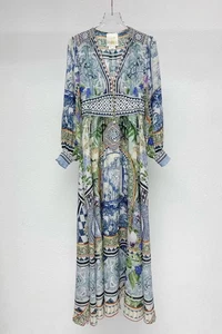 CAMILLA Seide V-Ausschnitt Urlaub bedruckt Seide langes Kleid weibliches Temperament Palast - Bild 1 von 17
