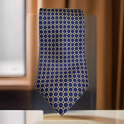 Corbata Tommy Hilfiger Para Hombre 100% Seda Dorado Azul Diseño Eslabón 58 X 3.75" Foto 1 de 3