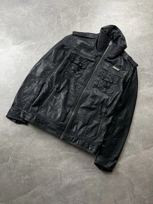 Superdry Black Leather Moto Biker Jacket Size L Vintage Inspired - Image 1 of 4