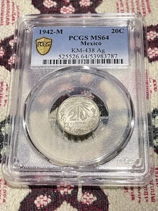1942-M Mexico SILBER 20 Centavos PCGS 💎💎💎MS64 Gold Shield💎💎💎 - Bild 1 von 8