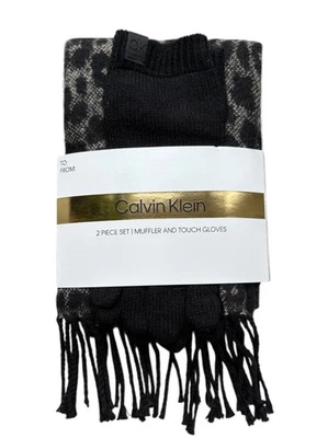 Calvin Klein 2 Pcs Set Muffler Scarf & Touch Gloves In Black Animal Print new - Image 1 of 4