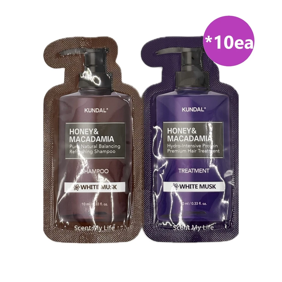 KUNDAL Honey & Macadamia Shampoo 10ml x 10ea+Treatment 10ml x 10ea #White Musk - Image 1 of 1