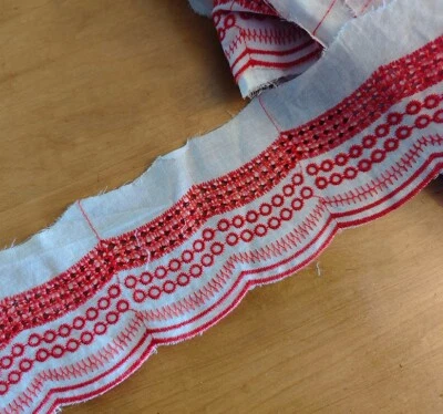 7 Yards 3" wide White Vintage Eyelet Cotton Lace/Embroidered Red Pattern b0414 - Image 1 of 2