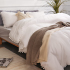 White Queen Comforter Set 3Pcs Boho Ball Pom Bedding, Aesthetic Size Sets Bed Be