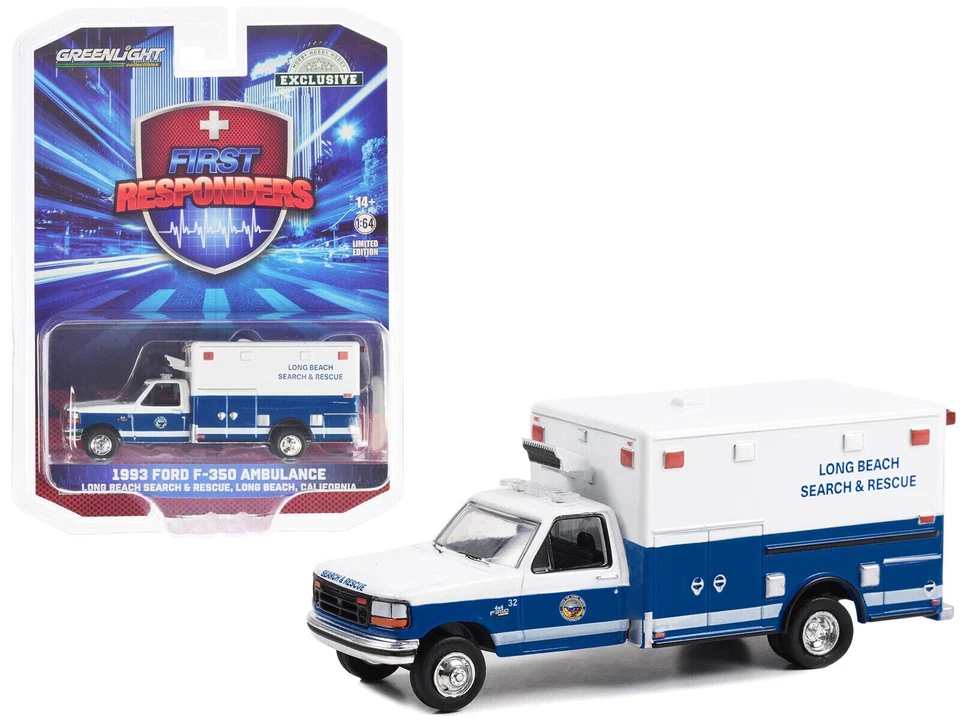 2023 GREENLIGHT HOBBY EXCLUSIVE 1993 FORD F-350 AMBULANCE LONG BEACH SEARCH - Image 1 of 1