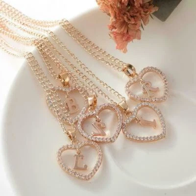 Ladies Rose Gold Pendant Love Heart Initial Alphabet Letter Cubic Chain Necklace - Image 1 of 4