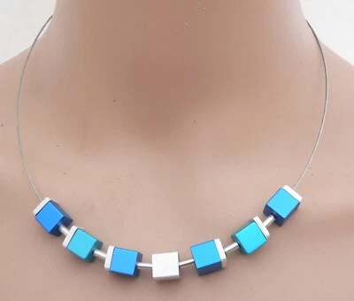 Halsreif Collier Halskette Aluminium Würfel silber türkis dunkelblau 299j - Bild 1 von 4