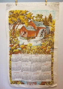 Vintage 1974 Calendar Kitchen Tea Towel Linen Vintage Water mill 25" x 15 1/2" - Picture 1 of 3
