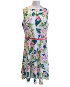 Dress Barn Women’s Hawaaian Hyabiscus Belted Fit & Flare Dress Floral Size 14 - Picture 1 of 10
