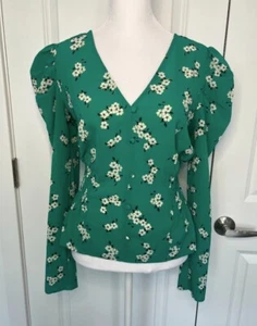 Free Press Puffy Sleeve Shoulder Raffed Bottom Top Green Flowered Medium - Bild 1 von 11