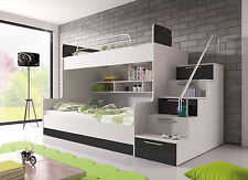 Hochglanz Etagenbett Doppelbett ALEX mit Regalen, Treppe und Bettkasten 