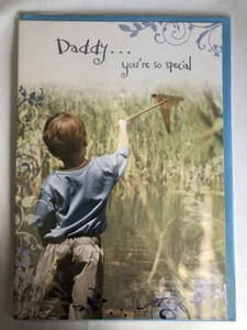 Daddy Happy Birthday Card Boy Holding A Net Lake Marshes Reeds - Picture 1 of 2