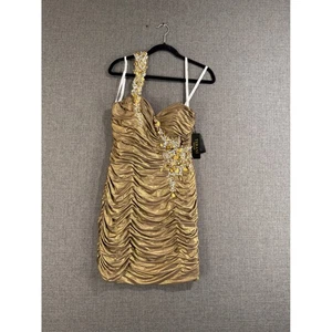 Vestido de fiesta TERANI COUTURE dorado acanalado con un hombro adornado con cuentas - Imagen 1 de 10