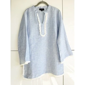Cubrimiento de playa French Curve 100 % lino azul con ribete blanco talla XS cuello en V - Imagen 1 de 7