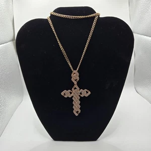 Rose Gold-Tone Cross Chain Necklace Cuban Link Design Pavé Crystals Iced Out - Picture 1 of 8