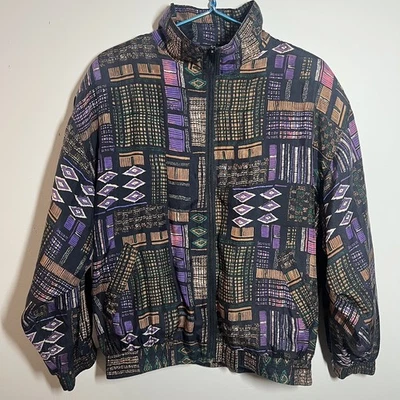 Chaqueta De Colección Seda Road Track Para Mujer L Negra Geo Arte Estampado Abstracto Multicolor Años 80 Foto 1 de 4