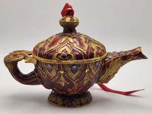 Cloisonne Enamel Red Gold Genie Lamp Ornament Holiday Tree Decoration - Picture 1 of 23