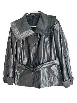 Jaqueta Ellen Tracy tamanho 12 botão frontal amarrar cintura cinza casaco de seda blazer - Imagem 1 de 4