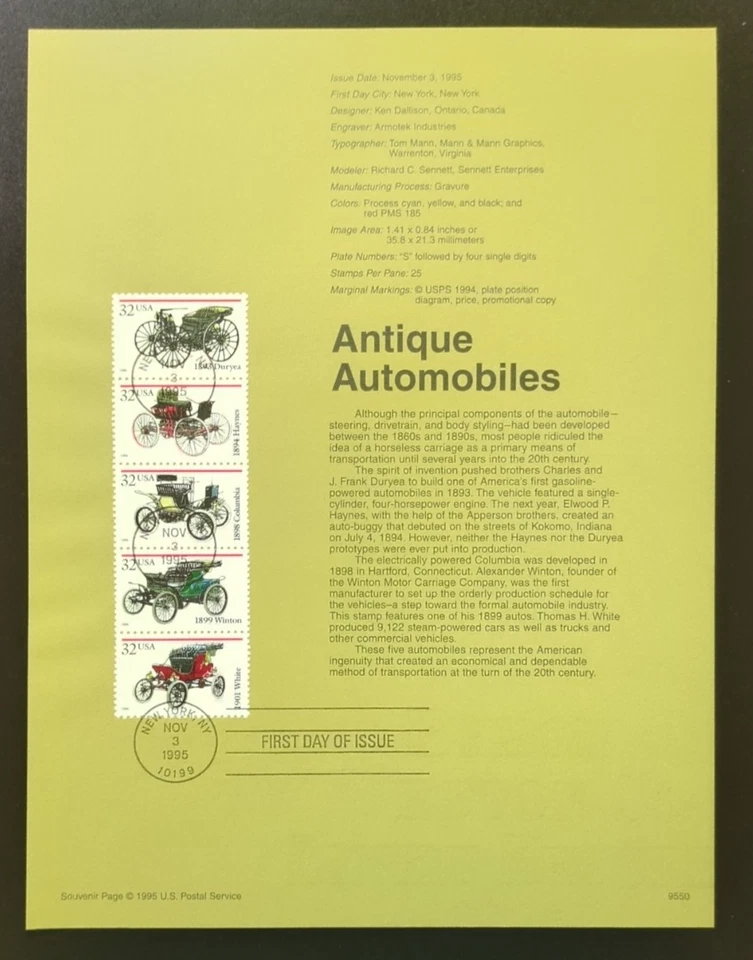 32c Antique Automobiles 1995 SOUVENIR PAGE SCOTT # 3019-3023 SP1168 - Image 1 of 1