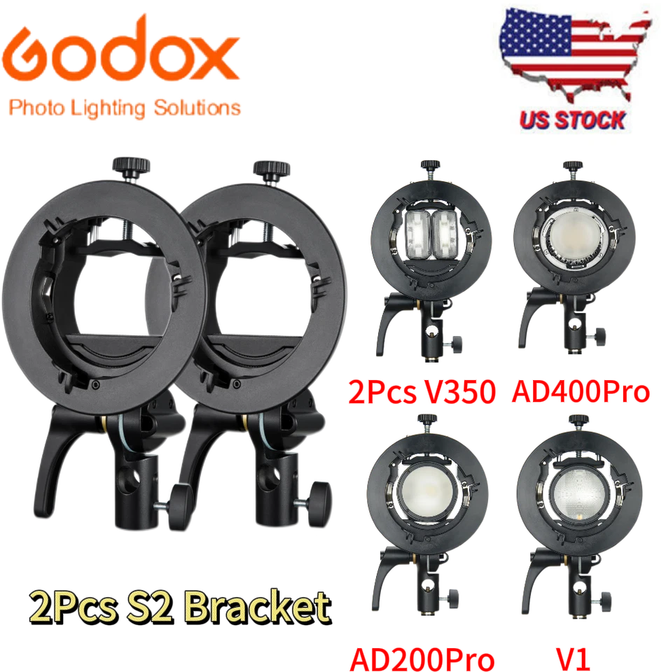 Soporte de soporte de flash tipo S Godox S2 Bowen de EE. UU. 2 piezas para V1 V860II AD200 Foto 1 de 4