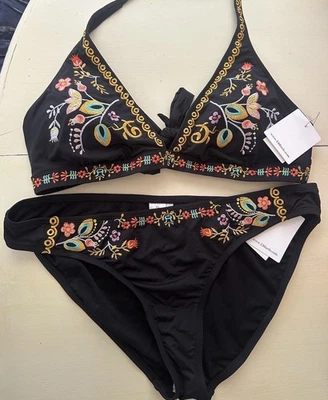 B10 Gibson Latimer Negro Floral Bordado Hipster Bikini Natación Juego de 2 Piezas Talla XL Foto 1 de 4