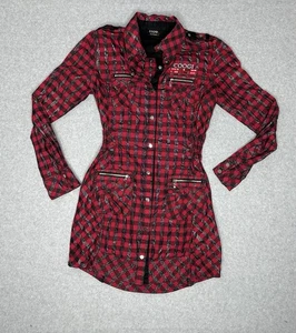 Coogi Womens Holiday Dress Shirt Hem Red Plaid Snap Metallic Stripes Small - Picture 1 of 7
