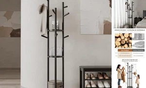 Solid Wood Rotary Coat Rack, Freestanding Coat Rack with 3 Shelves and 9 - Picture 1 of 7