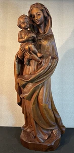23" Church Antique Carve Solid Wood Madonna Jesus Child Holding World Figure - Picture 1 of 19