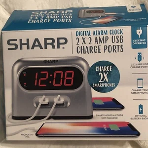 New SHARP Digital Alarm Clock 2 X 2 AMP USB Charge Ports Electric / Battery  - Picture 1 of 2