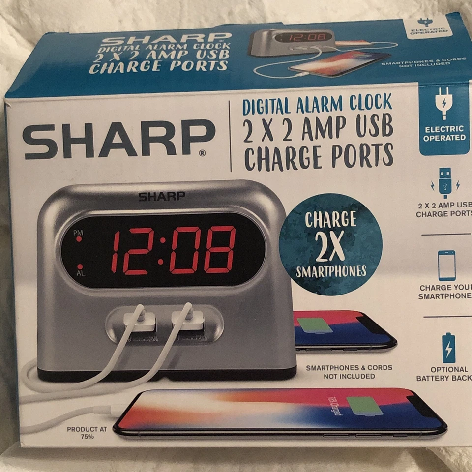 Sharp Digital Alarm Clock With 2x 2 Amp USB Charge Ports