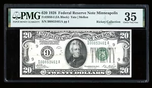 DBR 1928 $20 FRN Minneapolis Numeral Fr. 2050-I PMG 35 Serial I00853461A - Picture 1 of 2