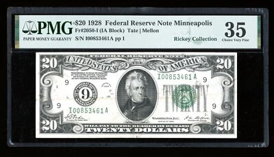 DBR 1928 $20 FRN Minneapolis Numeral Fr. 2050-I PMG 35 Serial I00853461A - Image 1 of 2