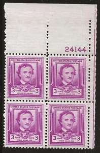 US Scott #986, Plate Block #24144 1949 Edgar Allan Poe 3c FVF MNH Upper Right - Picture 1 of 1